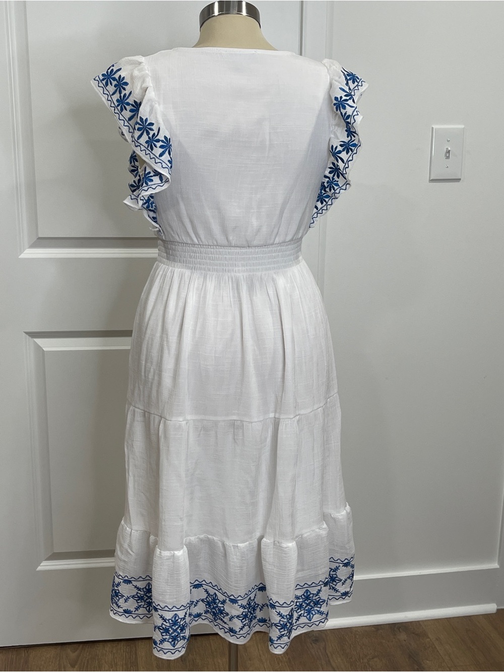 White Midi Dress with Blue Embroidered Trim - Picture 3 of 5